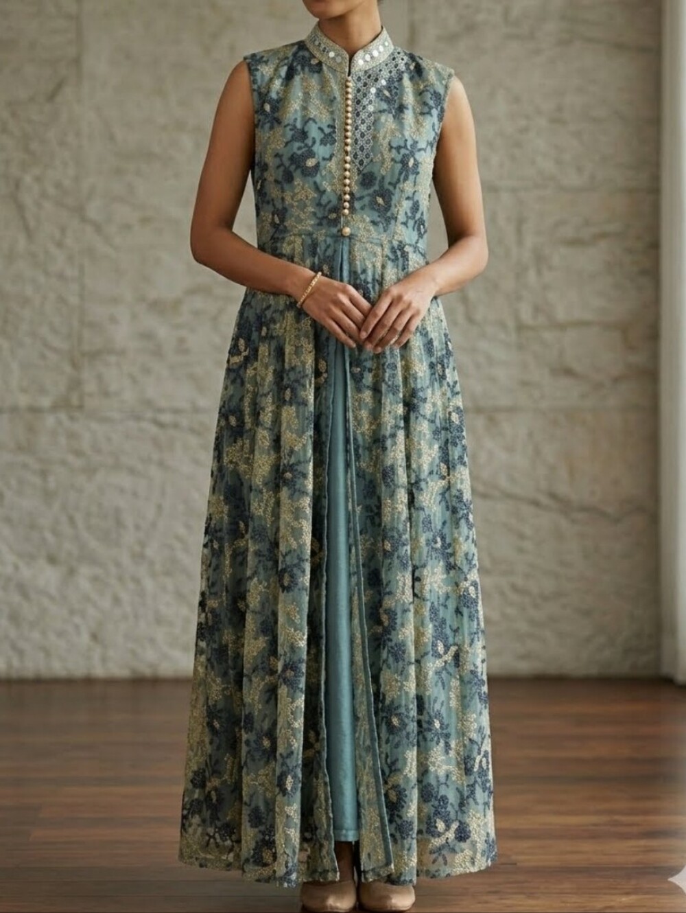 PANASH Handmade In India Sleeveless Front Slit Indo Western Jacket Dress
